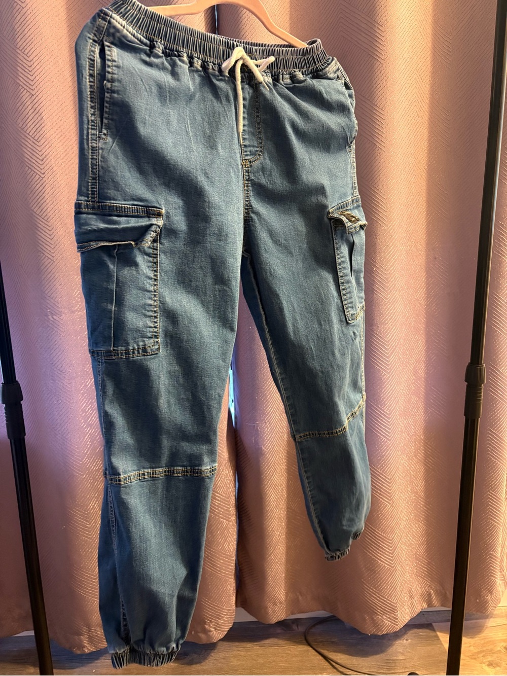 Blue Girls Cargo Jogger Jeans - Casual Elastic Waist Denim